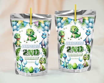 Dino Fun Party Decor: Etiquetas imprimibles para bolsas de jugo de dinosaurio - Favores de cumpleaños para niños, DBT3