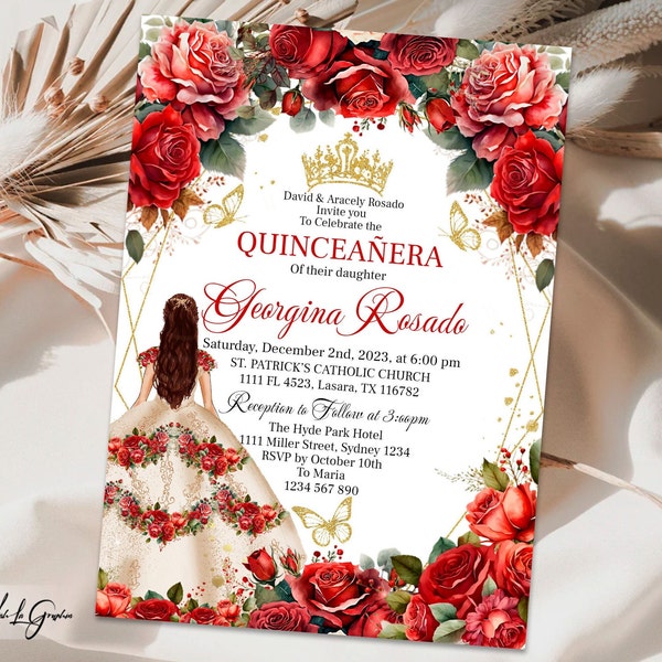 Editable Quinceanera Invitation with Beige Champagne dress and Red Flowers, Royal Gold Princess Tiara Invite Template, 5"x7" Size