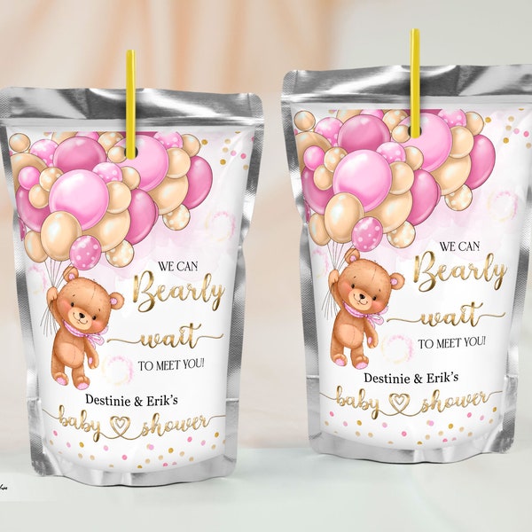 Étiquette de pochette de jus de douche de bébé modifiable avec ours en peluche et ballons roses et or, Bearly Wait Capri Sun Labels, Baby Shower Favors, TBS5