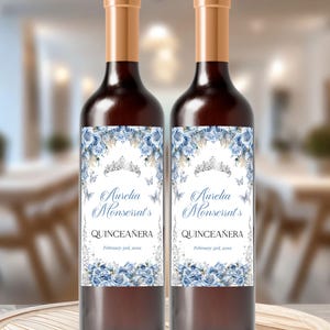 Whimsical Baby Blue Quinceañera Wine Labels - Butterflies & Crown Quinceanera Decor, BBQ9