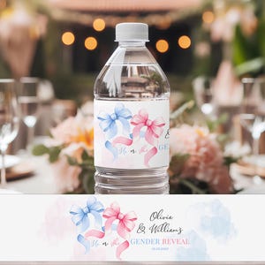 Etiquetas para botellas de agua con lazo para revelar el género del bebé, tema de lazo rosa o azul, obsequios para baby shower para él o ella, BGR26