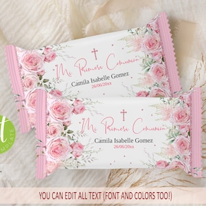 My Erstkommunion Rice Krispies Vorlage mit rosa Rosen - Taufe Gastgeschenke 200g, Digital, GGB3