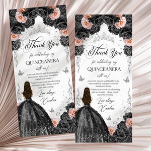 Schwarz Blush Silber Schmetterling Quinceaño Dankes-Karte | Glitzerkleid & Silberkrone | Mis Quitte 15 Geburtstagsnotiz, BQA1