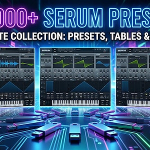 May include: A digital art image with the text "20,000+ SERUM PRESETS" and "ULTIMATE COLLECTION: PRESETS, TABLES & NOISES". The image features three digital audio workstation interfaces with keyboards and USB drives.