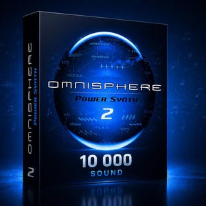 May include: A product box with a dark blue background features the text "Omnisphere Power Synth 2" in white and red. A blue sphere graphic is in the centre. The text "10 000 Sound" is at the bottom.