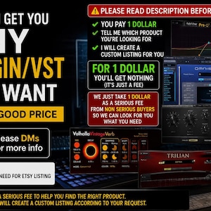 May include: A digital graphic advertisement featuring text that reads WE CAN GET YOU ANY PLUGIN/VST YOU WANT FOR A GOOD PRICE, Please DMs for more info, and Etsy NEED FOR ETSY LISTING. The image displays various audio software interfaces.