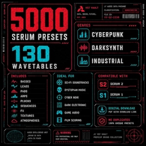 K&ouml;nnte beinhalten: Eine digitale grafische Benutzeroberfl&auml;che mit schwarzem Hintergrund, rotem und cyanfarbenem Text sowie Symbolen. Sie zeigt 5000 Serum Presets und 130 Wavetables, listet Genres wie Cyberpunk, Darksynth und Industrial sowie Kompatibilit&auml;t f&uuml;r Serum 1 und 2.
