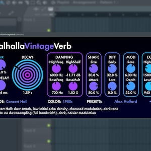 May include: A digital audio plugin interface, ValhallaVintageVerb, with a dark blue and purple color scheme. It features various controls for mix, decay, damping, shape, and EQ, along with text labels and numerical values. The interface is designed for audio processing.