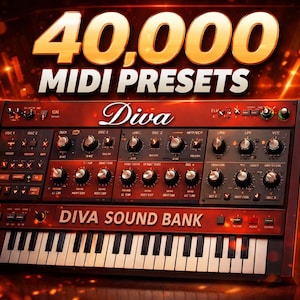 May include: A red and black synthesizer with the text "40,000 MIDI PRESETS" and "Diva" in a stylized font. The synthesizer has numerous knobs, buttons, and a keyboard. The words "Diva Sound Bank" are also visible.