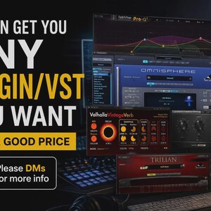 Pu&ograve; includere: Immagine con vari plugin audio visualizzati su schermi di computer, tra cui Omnisphere, Valhalla VintageVerb e Trilian. La sovrapposizione di testo recita "WE CAN GET YOU ANY PLUGIN/VST YOU WANT FOR A GOOD PRICE. Please DMs for more info."