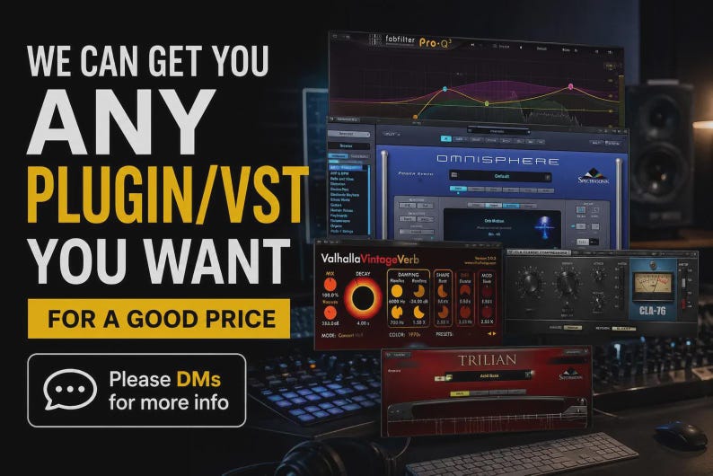 Pu&ograve; includere: Immagine con vari plugin audio visualizzati su schermi di computer, tra cui Omnisphere, Valhalla VintageVerb e Trilian. La sovrapposizione di testo recita "WE CAN GET YOU ANY PLUGIN/VST YOU WANT FOR A GOOD PRICE. Please DMs for more info."