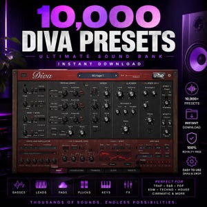 Può includere: Interfaccia di workstation audio digitale con il testo "10.000 DIVA PRESETS" e "Download istantaneo". L'interfaccia è rosso scuro e nera con numerosi pulsanti e manopole. La parte inferiore dell'immagine mostra icone per bassi, lead, pad, plucks, keys e FX.