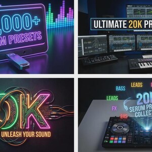 May include: A digital product bundle with over 20,000 Serum presets. The image features neon-style text and graphics, including the words "20,000+ Serum Presets" and "Ultimate 20K Preset Bundle". Other images show a DJ setup and computer screens.