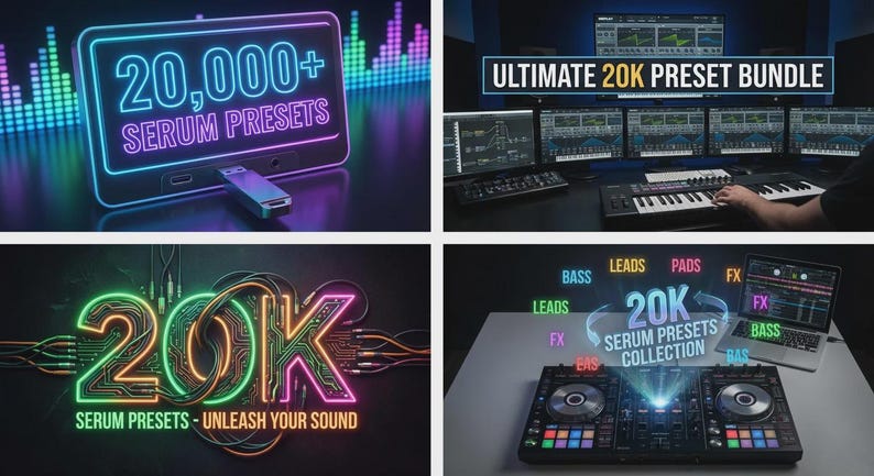 May include: A digital product bundle with over 20,000 Serum presets. The image features neon-style text and graphics, including the words "20,000+ Serum Presets" and "Ultimate 20K Preset Bundle". Other images show a DJ setup and computer screens.