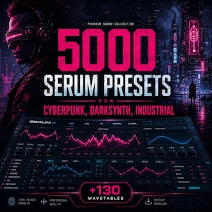 K&ouml;nnte beinhalten: Eine digitale Grafik mit dem Text 5000 SERUM PRESETS FOR CYBERPUNK, DARKSYNTH, INDUSTRIAL und +130 WAVETABLES. Das Bild zeigt eine dunkle, futuristische Stadtlandschaft mit neonpinker Beleuchtung, eine Person mit kybernetischer Brille und eine Synthesizer-Oberfl&auml;che.