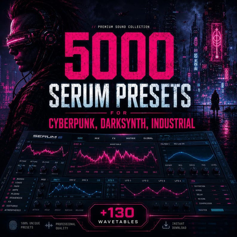 K&ouml;nnte beinhalten: Eine digitale Grafik mit dem Text 5000 SERUM PRESETS FOR CYBERPUNK, DARKSYNTH, INDUSTRIAL und +130 WAVETABLES. Das Bild zeigt eine dunkle, futuristische Stadtlandschaft mit neonpinker Beleuchtung, eine Person mit kybernetischer Brille und eine Synthesizer-Oberfl&auml;che.