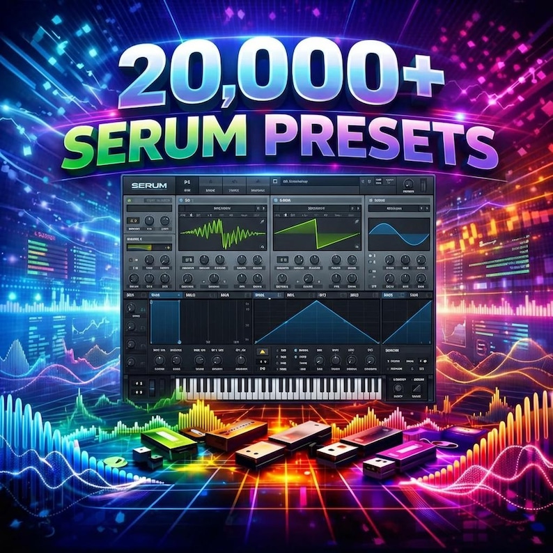 May include: A vibrant digital graphic promoting "20,000+ SERUM PRESETS." The image features a digital audio workstation interface with a keyboard, surrounded by colorful, abstract waveforms and several USB drives. The overall theme is music production and digital audio.