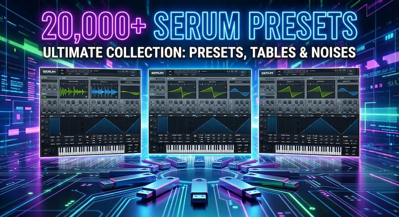 May include: A digital art image promoting 20,000+ Serum Presets. The text reads "ULTIMATE COLLECTION: PRESETS, TABLES & NOISES". Three digital audio workstation interfaces are displayed, with a keyboard at the bottom. USB drives are arranged in a circle.