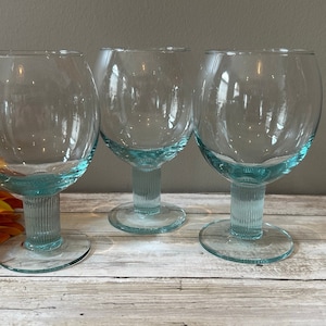 Aqua - Balloon Shape/Ribbed Stem - Barware Glasses - 1980&#39;s - Set of 3 - 6 1/2&quot; Tall - 20 oz. - GORGEOUS!