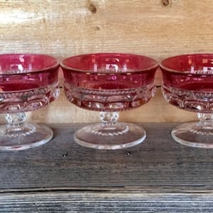 Vintage - Indiana Glass Kings Crown  - Cranberry Red Flash Glass - Sherbet/Dessert Glasses - Set of 3 (Darker Red)