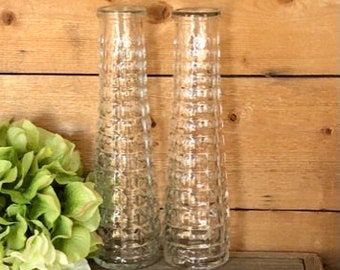 Set of 2 Waffle Square Pattern Vintage E O Brody Clear Glass Bud Vase