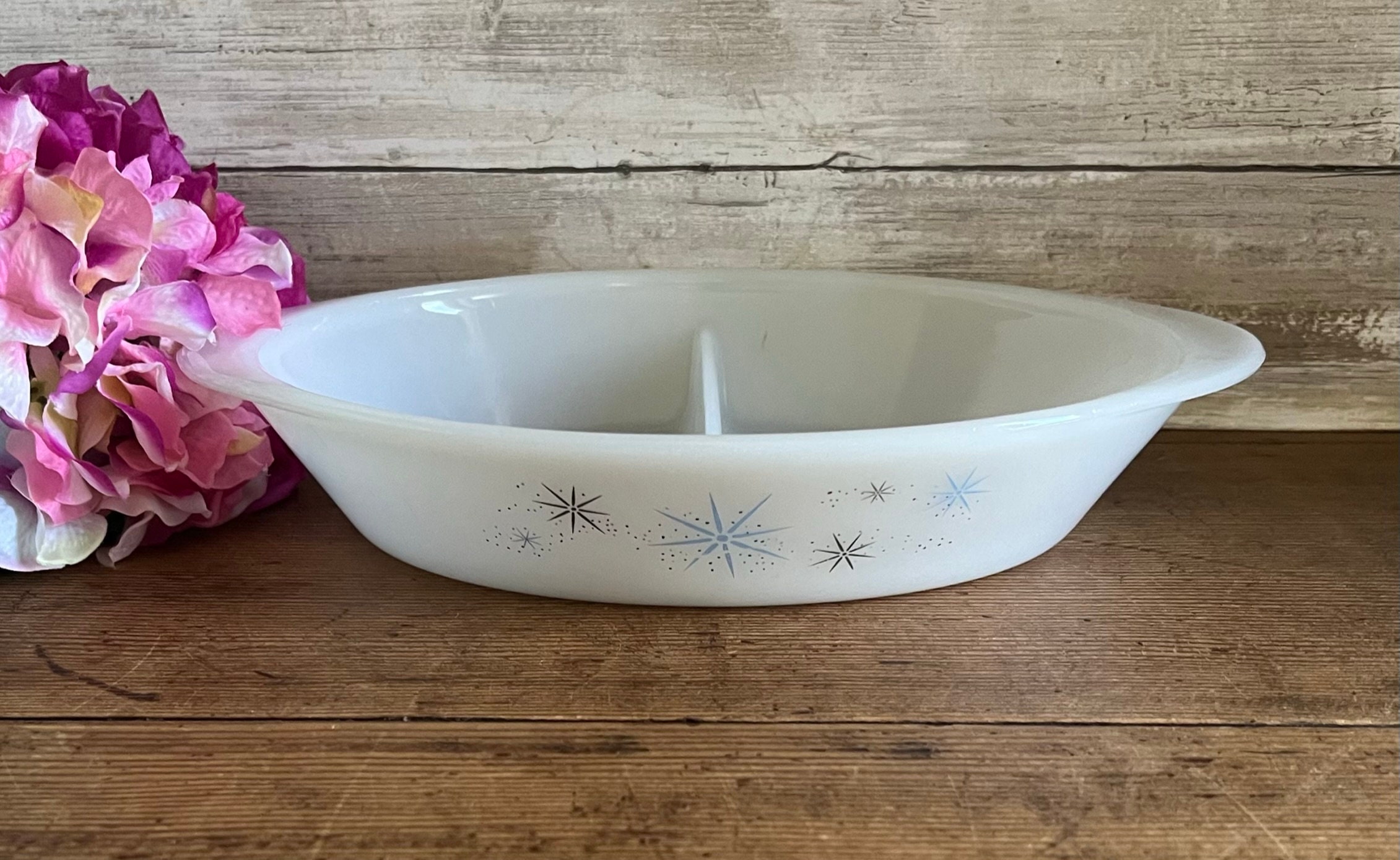 Vintage Glasbake Divided Milk Glass - Casserole Dish - Blue Gold