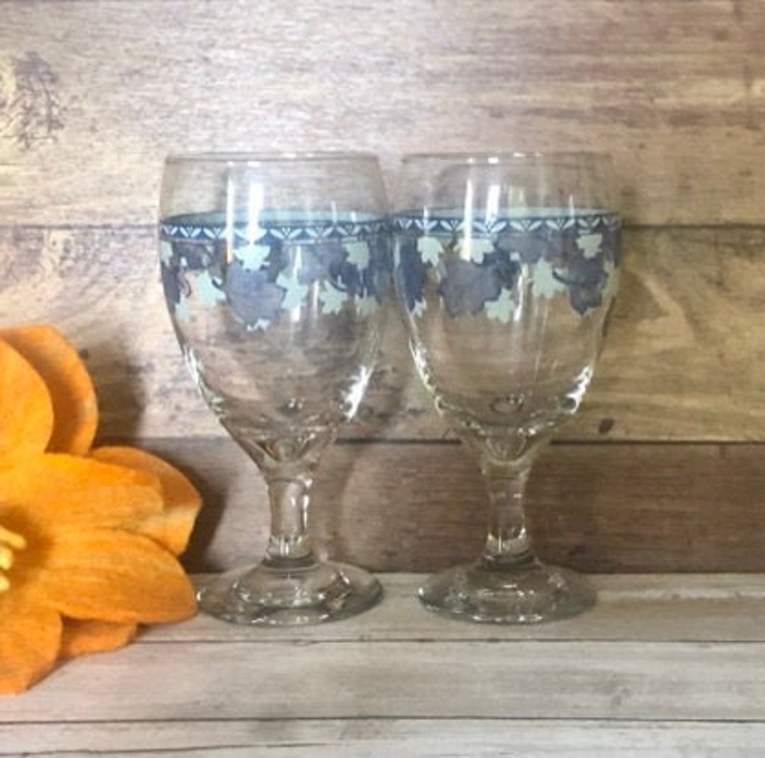 Libbey Clear Glass Water Goblets With Blue and Green Leaves Border Set