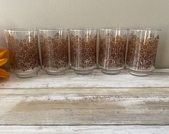 Vintage - Libbey - Juice Glasses - Brown Flowers - Set of 5- 3 5/8" Tall - 6 oz.