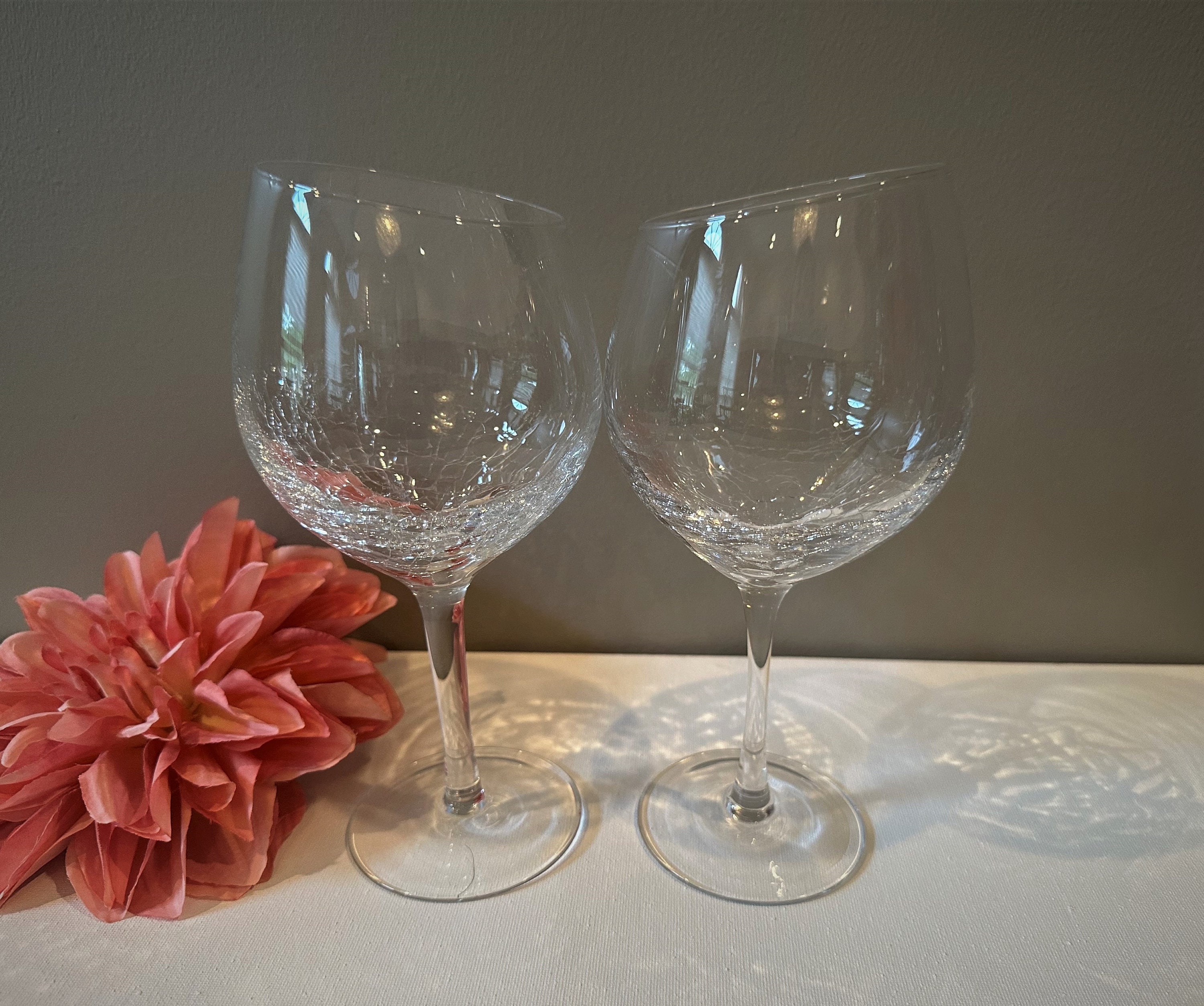 Pier 1 Wine Glasses / Angled Rim Crackle Wine Glasses / Vintage Pier 1  Clear Crackle Glass / Wine Goblets / Vintage Pier 1 Wine Glasses 