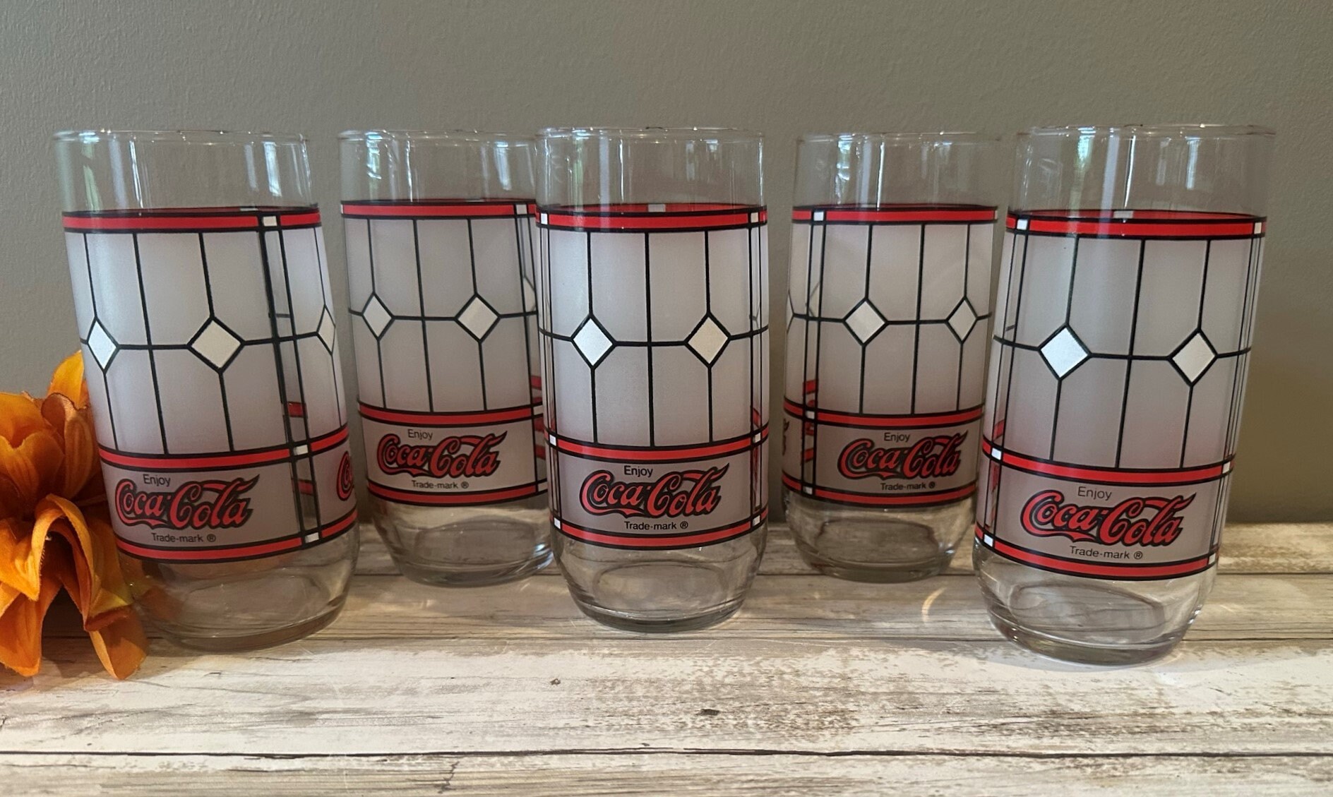 Vintage Coca-cola Libby Glass 6 Stained Glass Drinking Glass 