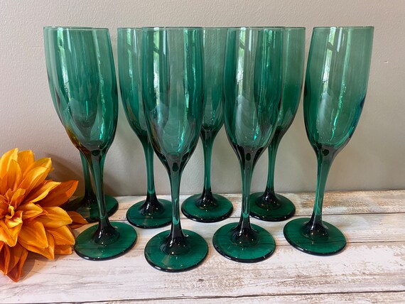 Vintage Libbey Premiere Dark Green Champagne Flutes Set of 8 