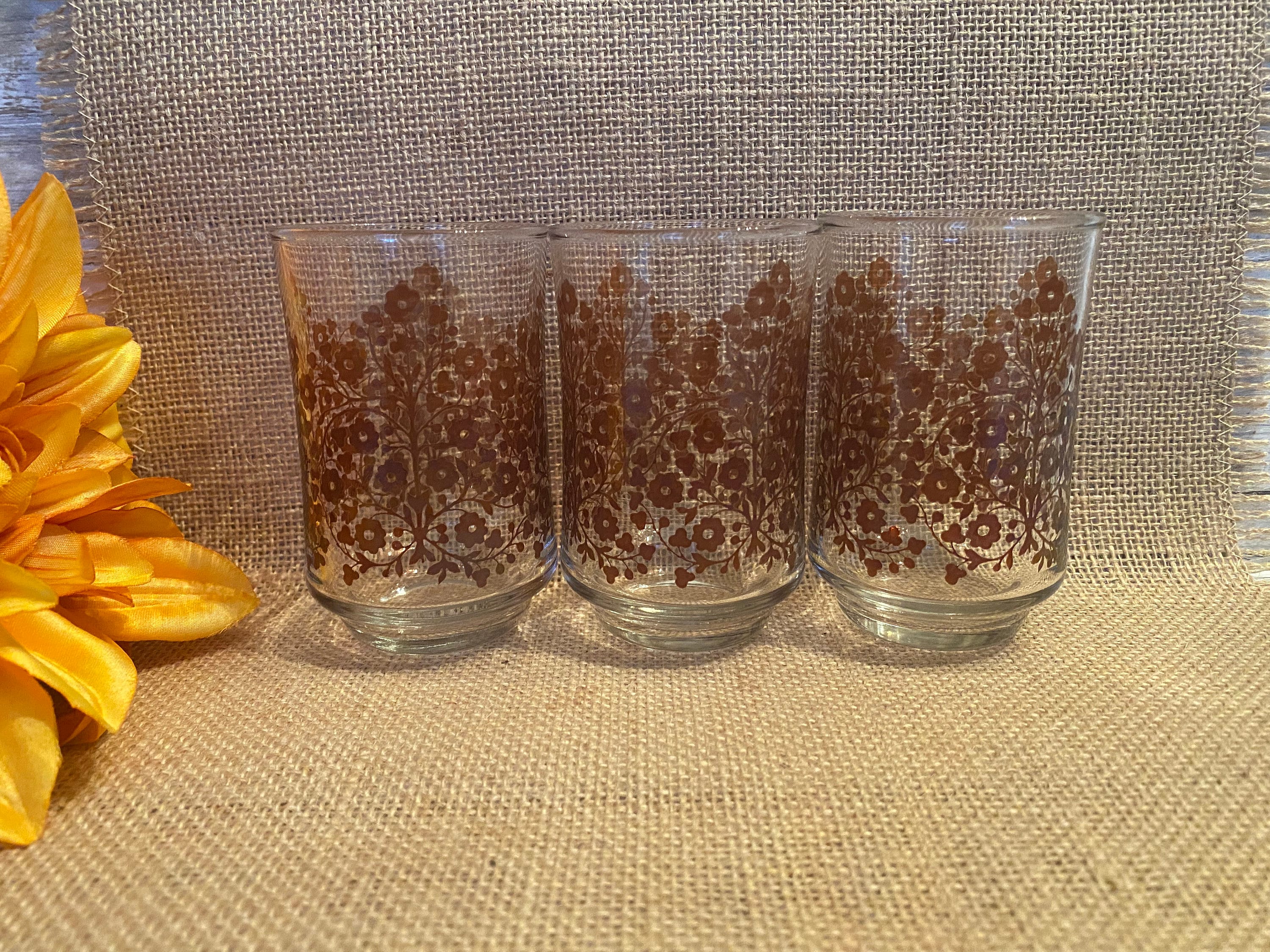 Libbey Vintage Juice Glasses Set of 3-3 5/8 Tall 6 oz. Brown Flowers