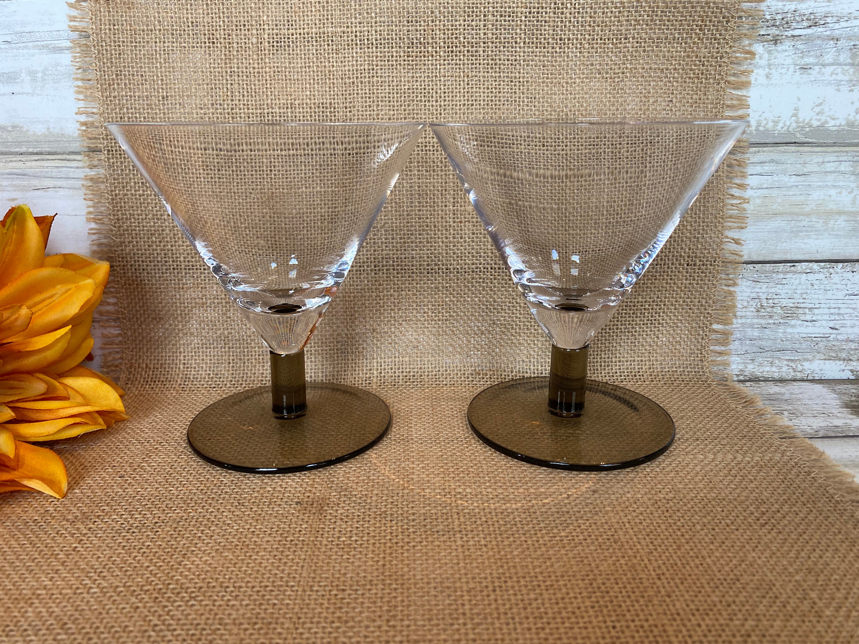 Cobalt Ball Stem Amethyst Vessel Short Martini Pair Cocktail Glasses Chip  Foot