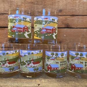 Christine Graf - 1980 - Folk Art Highball Glasses - Set of 6 - 3 Different Pictures