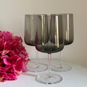 MCM Smoke Gray Water Goblets - Clear Stem - Set of 3 - 6 1/2&quot; Tall - 10oz.