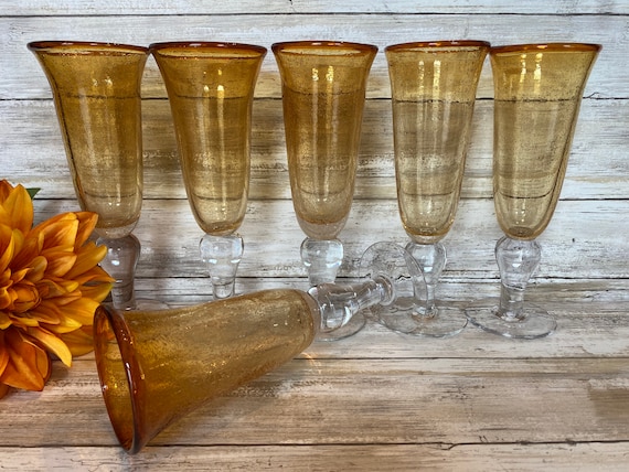 Hand Blown Citrine/amber Champagne Flutes Set of 6 8 5/8 Tall 10
