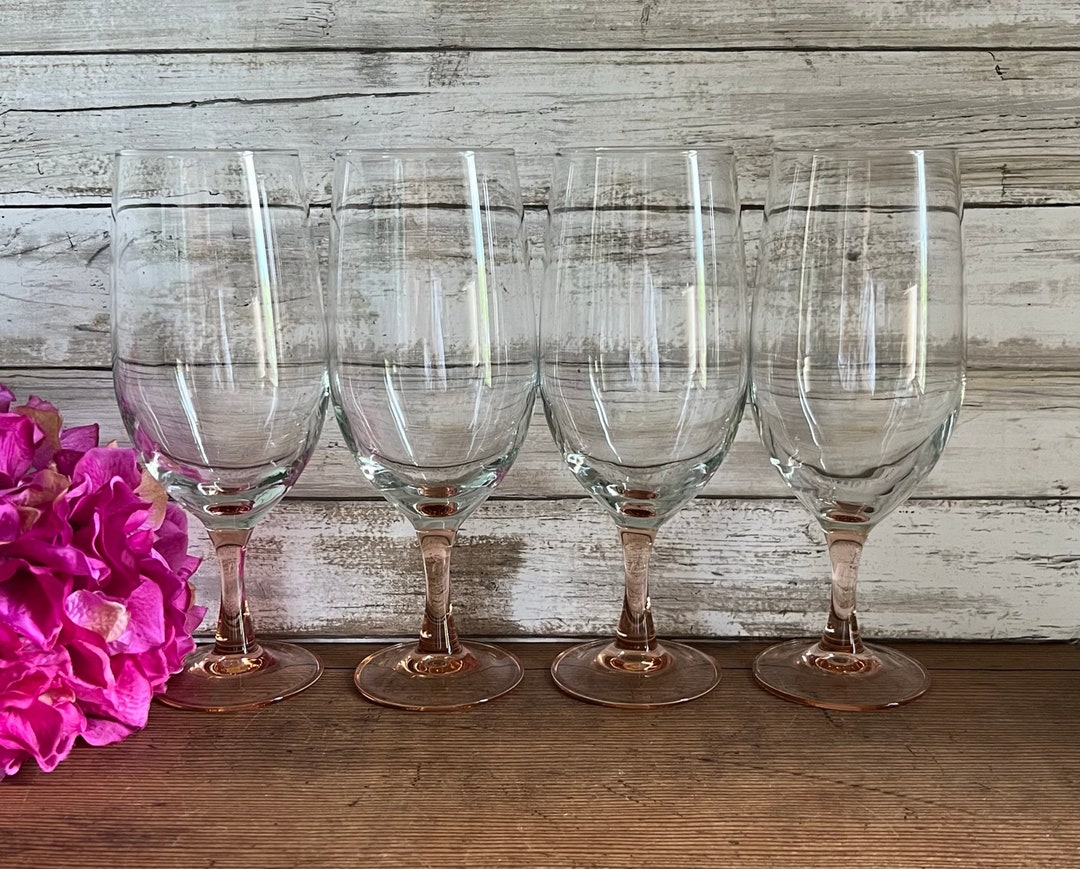 Pink Stemmed Ice Tea Glasses Clear Bowl 8 1/8 Tall 16oz. Set of 4 Etsy