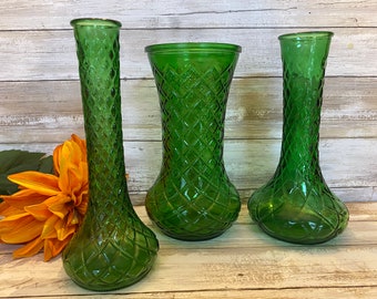 Mismatched - Diamond Cut - Emerald Green - Vases - Set of 3 - Approximate height is 8 1/2"