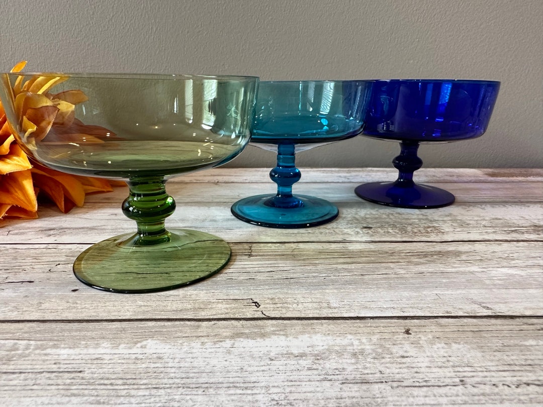 Mismatched Dessert/parfait Glasses Set of 3 Blue/green/cobalt Unmarked 3 Tall Pretty Etsy