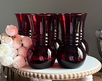 Vintage Anchor Hocking Royal  RUBY RED Glass Flower VASE - Set of 5 - Ribbed Ring Bulb Base - 6 1/4" Tall