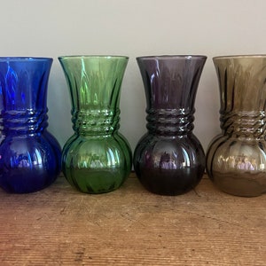 Vintage Mid-Century Anchor Hocking Glass Optic Swirl Vase - Set of 4 - Brown, Blue, Green, Purple