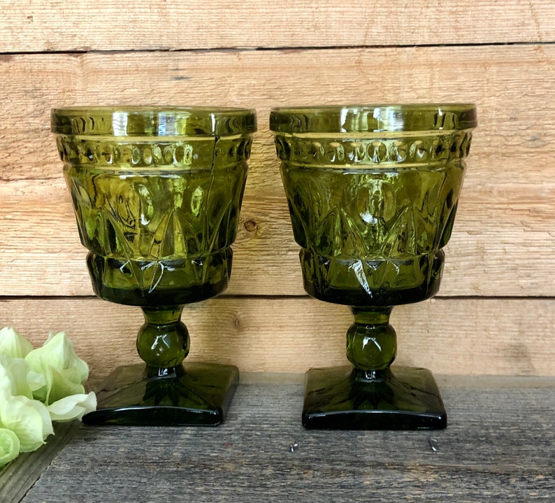Vintage Indiana Colony Park Lane Green Glass Water Goblets Etsy