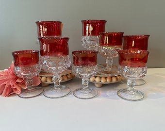 King's Crown-Cranberry Flashed (Top Only) - Set of 8 - 4 Claret Wine (4 3/8" Tall) and 4 Water Goblet (5 5/8" Tall) - Gorgeous!