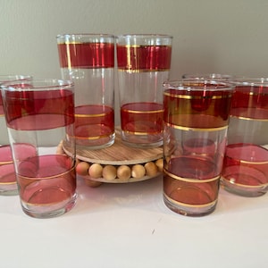 Vintage - MCM - Federal Glass Co. - Rose and Gold Tumblers - 4 7/8&quot; Tall - 10 oz. - Set of 7