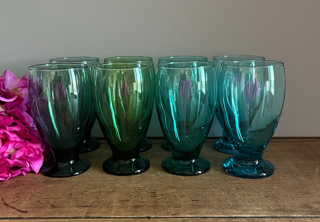 Footed Water Glasses Set of 8 Varying Shades of Blue and Green 5 1/4