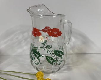 Anchor Hocking- Red and White Poppy Pitcher - ONE Available - 64 oz. 10 1/2" Tall - Great Condition!