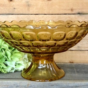Vintage Yorktown Gold (Colonial) Footed Bowl by Federal Glass - Scalloped Edges With Pressed Square /Oval Design