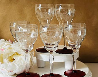 Weston -Wgl3 - Gray Cut Floral/Arch - Clear Stem - Red Base - Wine Glasses - Set of 6 - 6 1/4" - 1930's