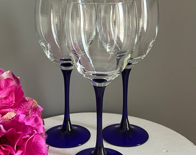 Luminarc Cobalt Blue Stemmed Wine Glasses Set of 3 8 1/8 Tall 12oz. Etsy