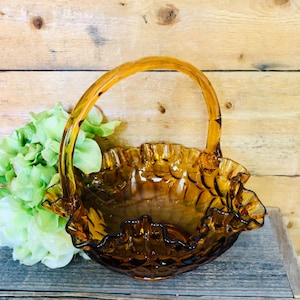 Fenton Thumbprint Colonial Amber Glass Basket Bowl with Ruffled Edges & Handle